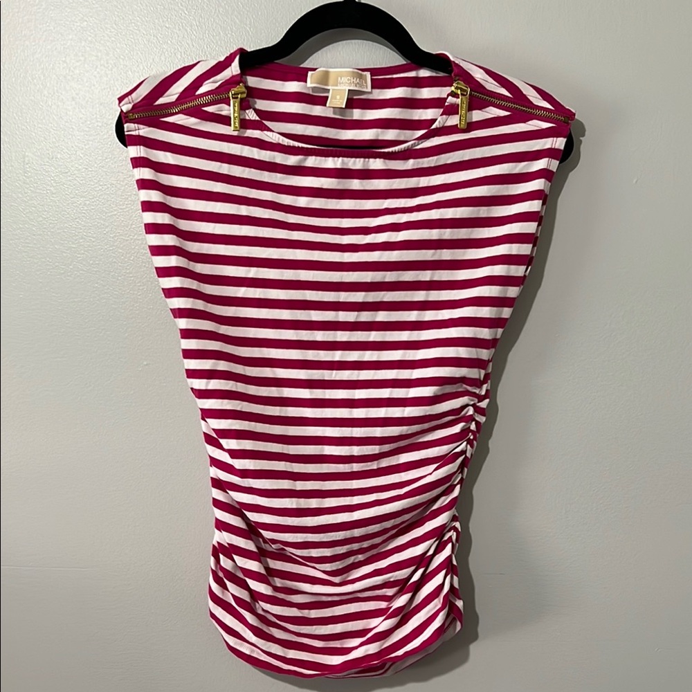 Michael Kors Magenta and White Ruched Sleeveless Top